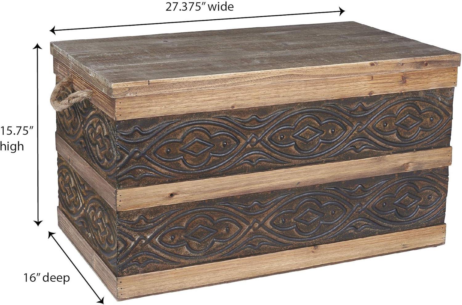 image:imageHousehold Essentials Decorative Trunk Embossed Metal Small Chinese Fir Wood Darkened Interior Rope Handles Flat and Fully Opening Lid Handmade Walnut and Almond StainRustic Traditional