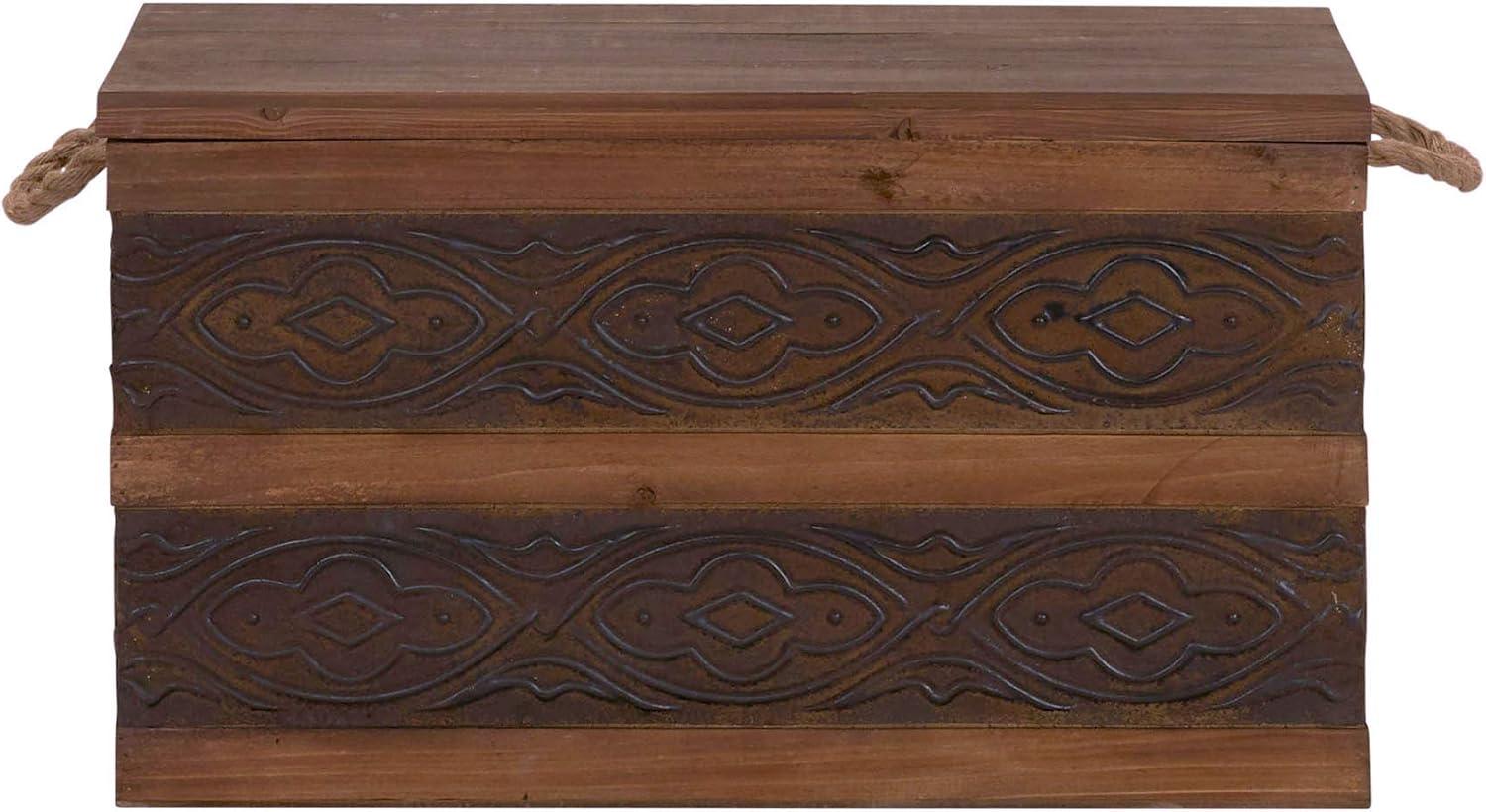 image:imageHousehold Essentials Decorative Trunk Embossed Metal Small Chinese Fir Wood Darkened Interior Rope Handles Flat and Fully Opening Lid Handmade Walnut and Almond StainRustic Traditional