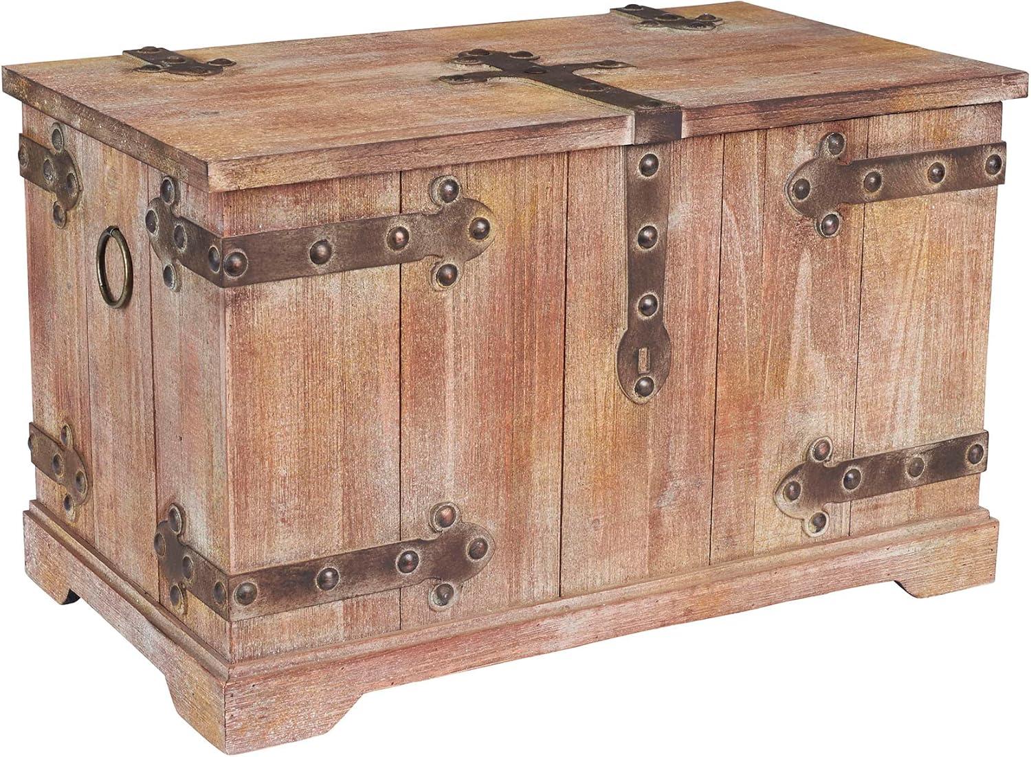 image:imageHousehold Essentials Decorative Trunk Embossed Metal Small Chinese Fir Wood Darkened Interior Rope Handles Flat and Fully Opening Lid Handmade Walnut and Almond StainVictorian