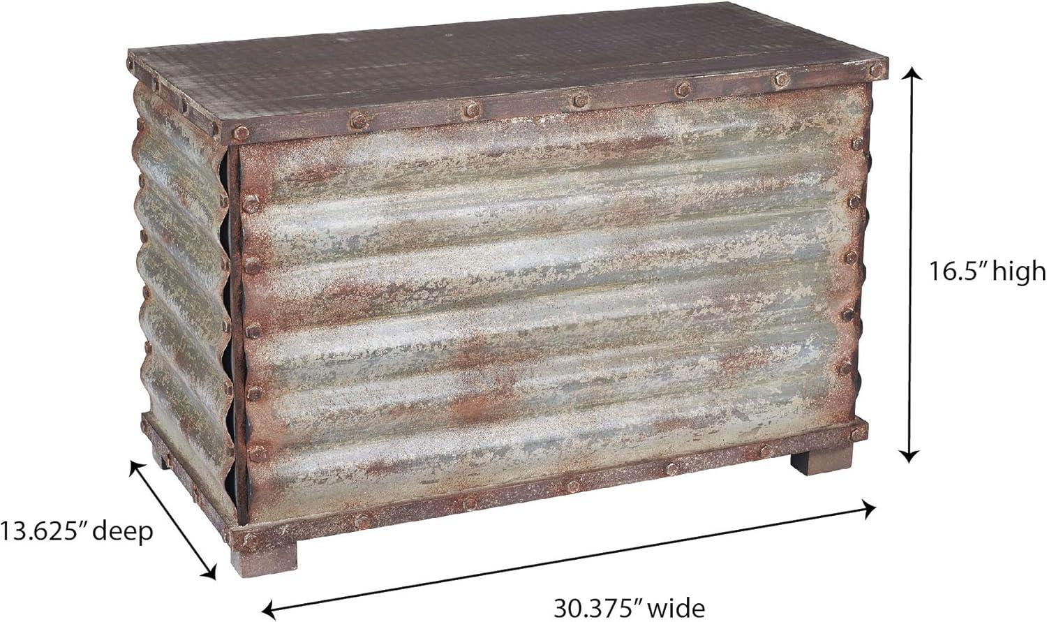 image:imageHousehold Essentials Decorative Trunk Embossed Metal Small Chinese Fir Wood Darkened Interior Rope Handles Flat and Fully Opening Lid Handmade Walnut and Almond StainGrooved