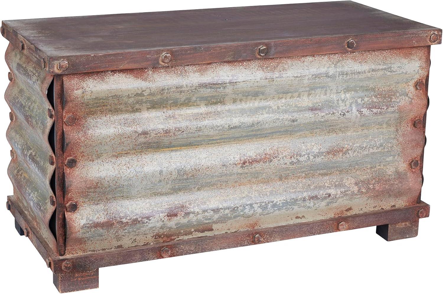 image:imageHousehold Essentials Decorative Trunk Embossed Metal Small Chinese Fir Wood Darkened Interior Rope Handles Flat and Fully Opening Lid Handmade Walnut and Almond StainGrooved