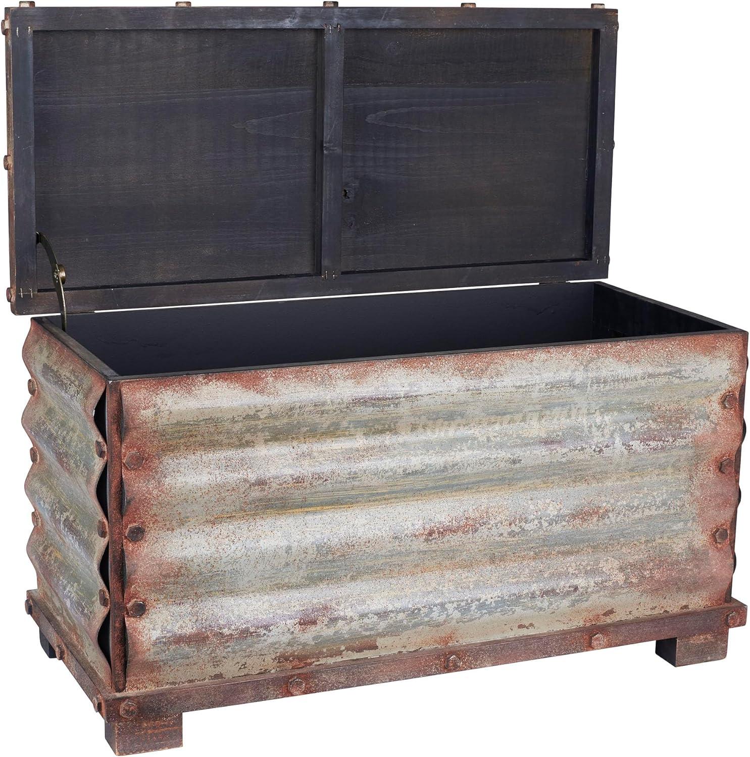 image:imageHousehold Essentials Decorative Trunk Embossed Metal Small Chinese Fir Wood Darkened Interior Rope Handles Flat and Fully Opening Lid Handmade Walnut and Almond StainGrooved