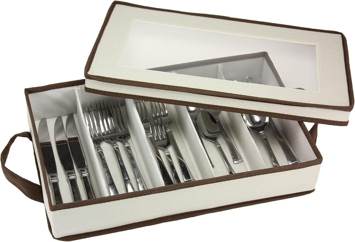 image:imageHousehold Essentials Flatware Storage Chest with Separate Serving Utensil Pouch Natural Canvas with Brown TrimNatural