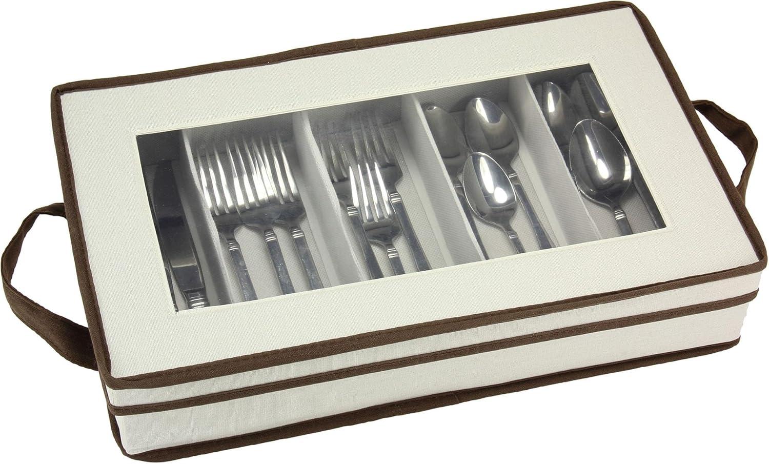 image:imageHousehold Essentials Flatware Storage Chest with Separate Serving Utensil Pouch Natural Canvas with Brown TrimNatural