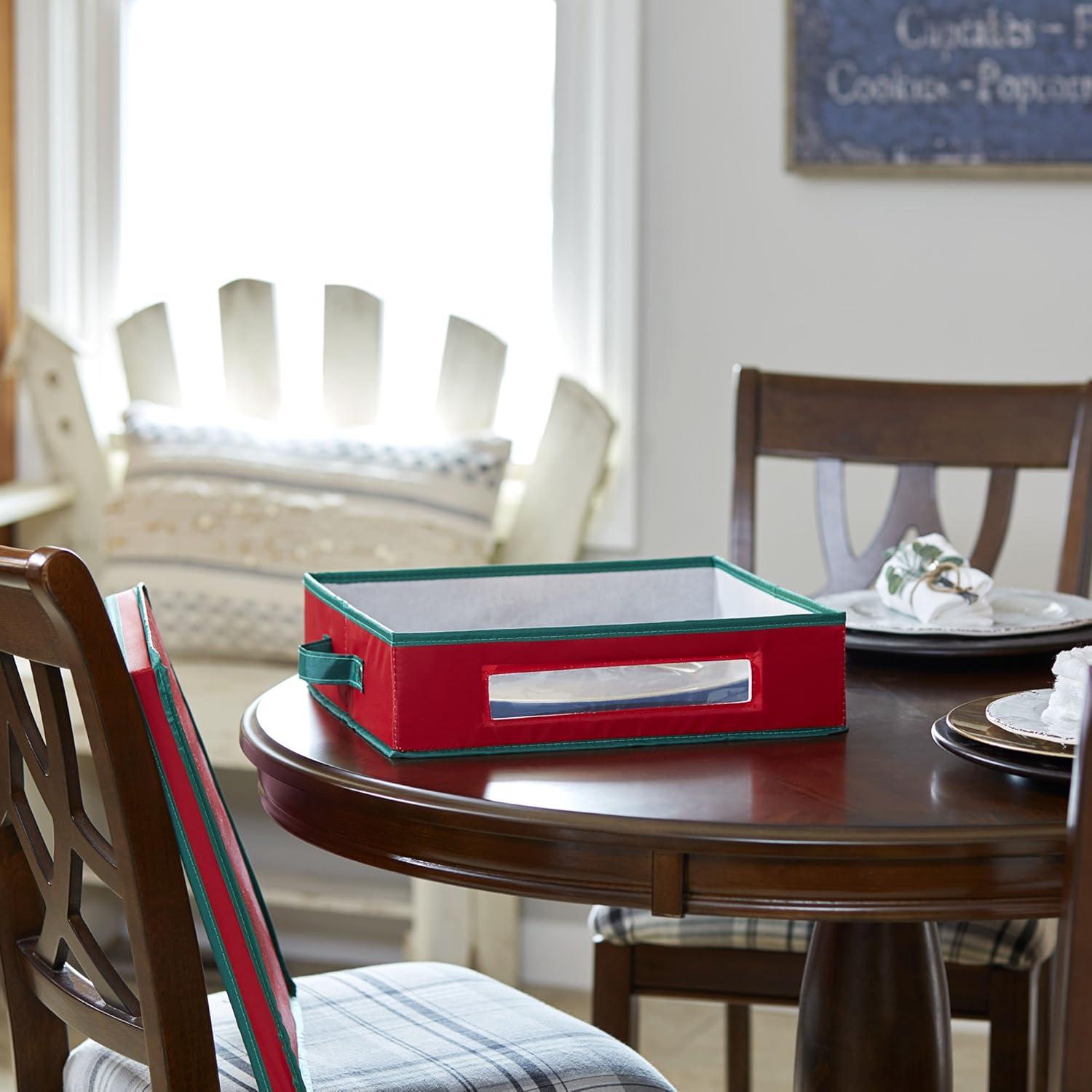 image:imageHousehold Essentials Holiday Charger Plate Storage Box Holds 12 Charger Plates with Felt Protectors Red Canvas with Green TrimRed