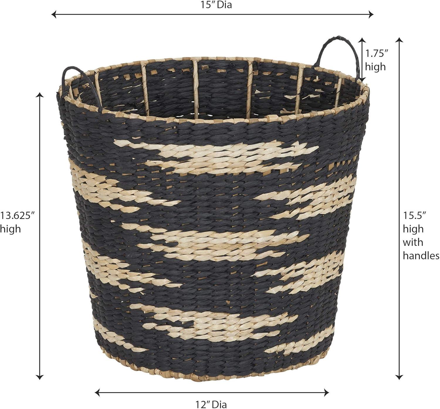 image:imageHousehold Essentials Large Round Woven Wicker Storage Basket with Handles Black and Brown Geometic Design