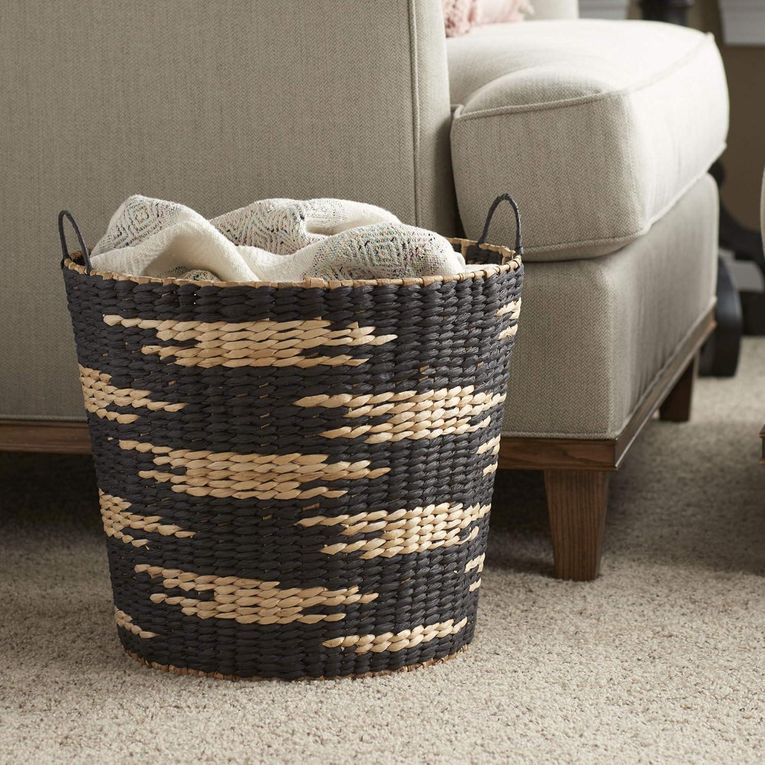 image:imageHousehold Essentials Large Round Woven Wicker Storage Basket with Handles Black and Brown Geometic Design