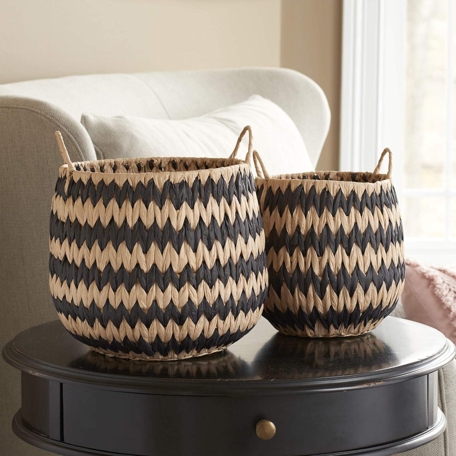 image:imageHousehold Essentials Set of 2 Round Woven Wicker Storage Baskets with Handles Black and Brown Stich Pattern