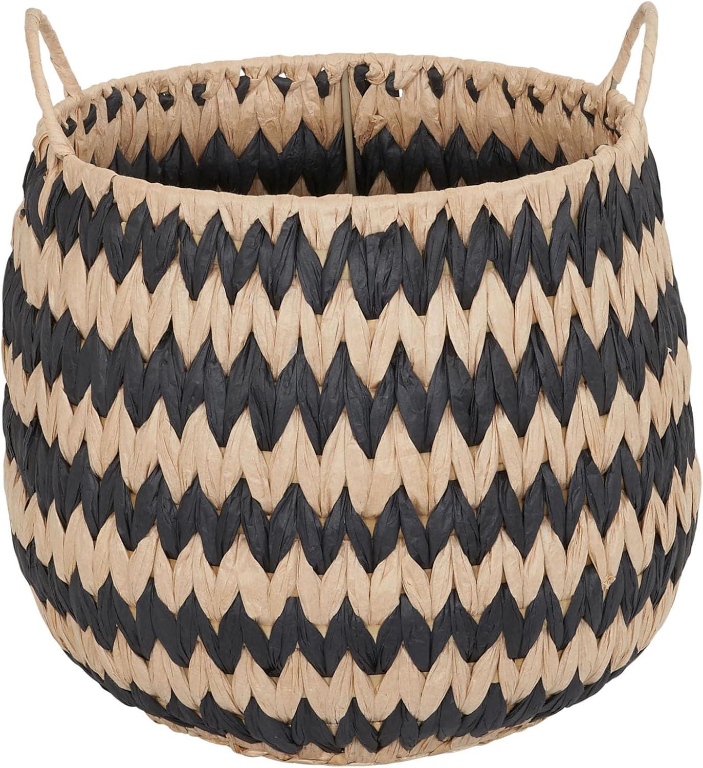 image:imageHousehold Essentials Set of 2 Round Woven Wicker Storage Baskets with Handles Black and Brown Stich Pattern
