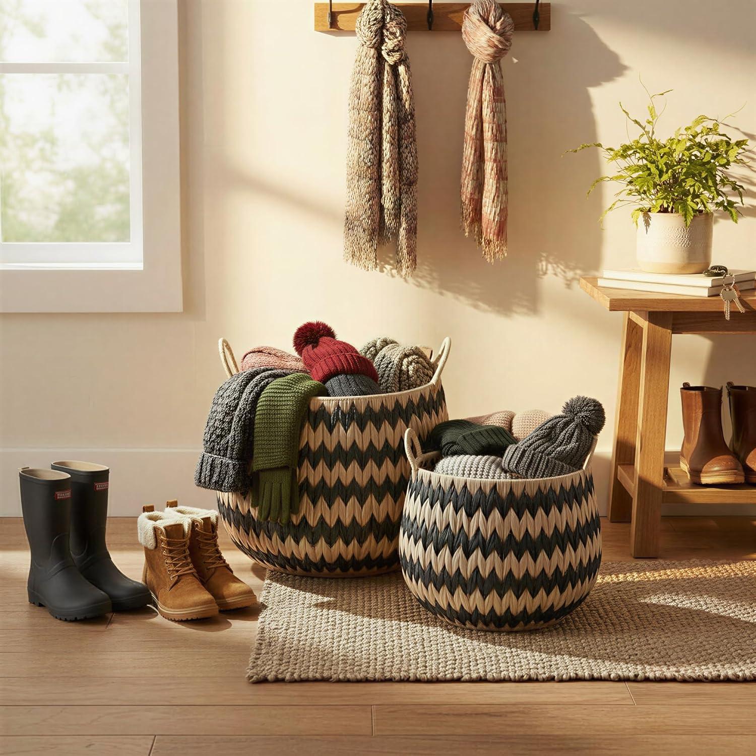 image:imageHousehold Essentials Set of 2 Round Woven Wicker Storage Baskets with Handles Black and Brown Stich Pattern