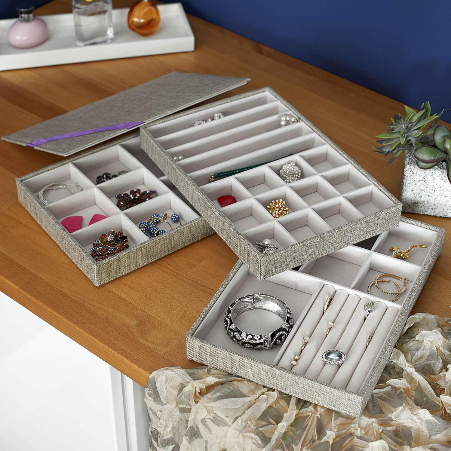 image:imageHousehold Essentials Stackable Jewelry Trays 3 Varieties Space for Necklaces Rings and Earrings Blended Canvas with Felt Interior Perfect for Drawers and Closet Shelves LatteLatte