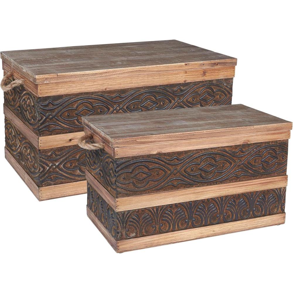 image:imageHousehold Essentials Decorative Trunk Embossed Metal Small Chinese Fir Wood Darkened Interior Rope Handles Flat and Fully Opening Lid Handmade Walnut and Almond StainRustic Traditional