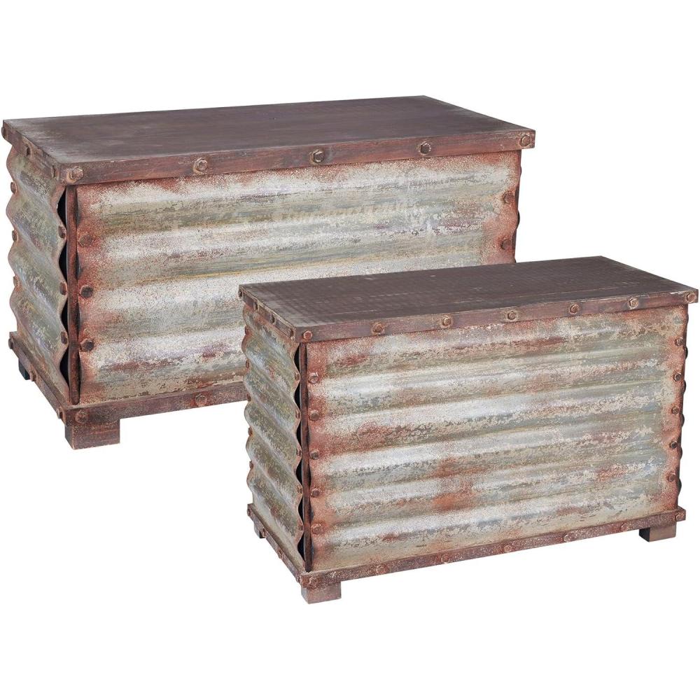 image:imageHousehold Essentials Decorative Trunk Embossed Metal Small Chinese Fir Wood Darkened Interior Rope Handles Flat and Fully Opening Lid Handmade Walnut and Almond StainGrooved