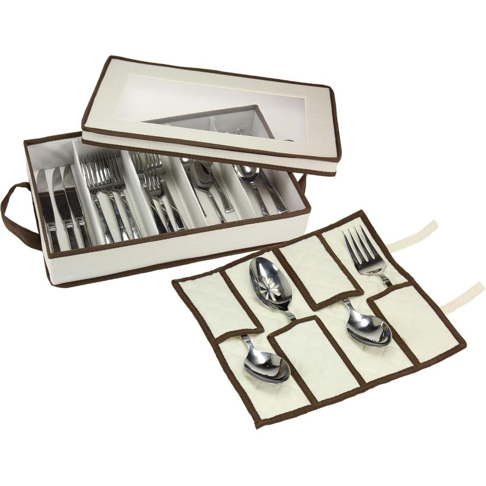 image:imageHousehold Essentials Flatware Storage Chest with Separate Serving Utensil Pouch Natural Canvas with Brown TrimNatural