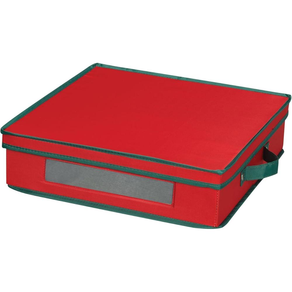 image:imageHousehold Essentials Holiday Charger Plate Storage Box Holds 12 Charger Plates with Felt Protectors Red Canvas with Green TrimRed