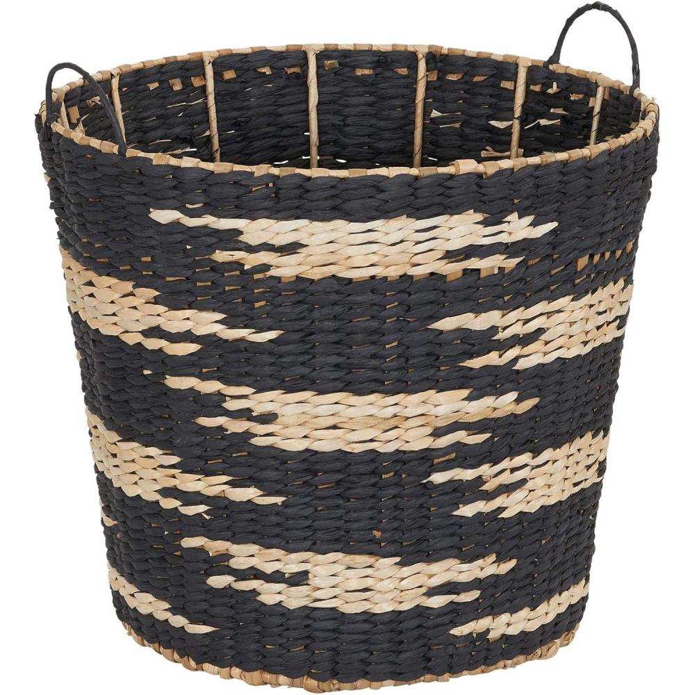 image:imageHousehold Essentials Large Round Woven Wicker Storage Basket with Handles Black and Brown Geometic Design