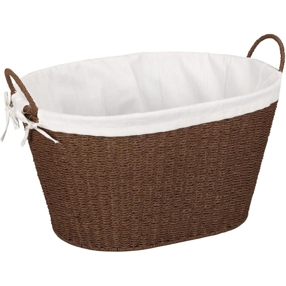 image:imageHousehold Essentials ML7267 Decorative Wicker Laundry Basket with Handles and Removable Liner GreyBrown Paper Rope
