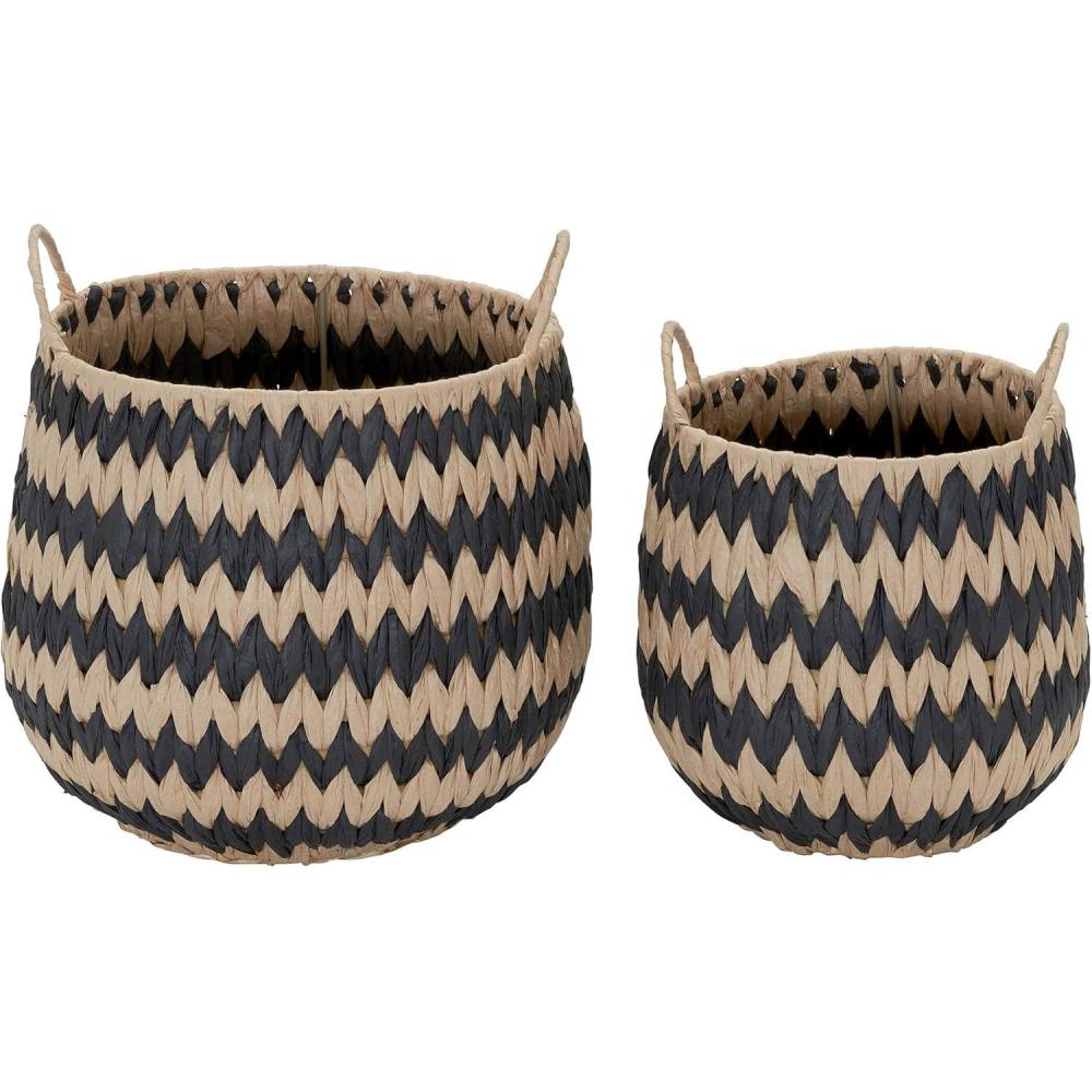 image:imageHousehold Essentials Set of 2 Round Woven Wicker Storage Baskets with Handles Black and Brown Stich Pattern