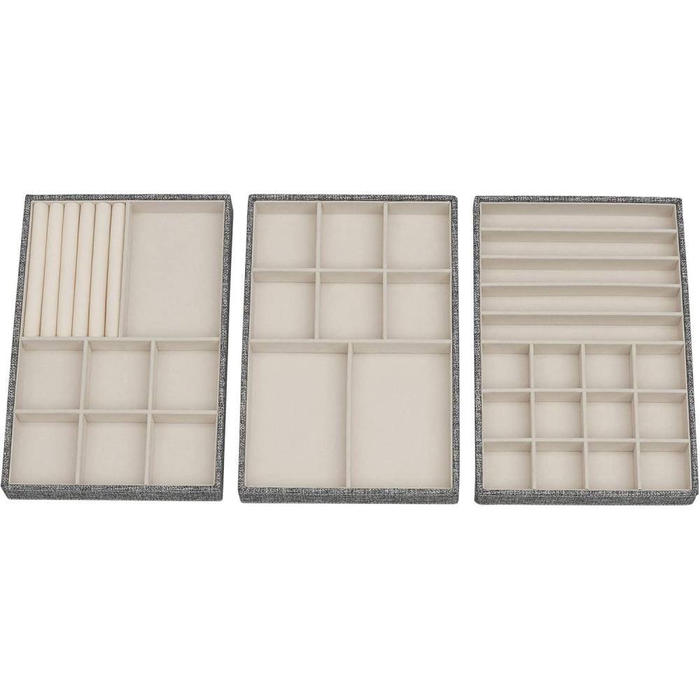 image:imageHousehold Essentials Stackable Jewelry Trays 3 Varieties Space for Necklaces Rings and Earrings Blended Canvas with Felt Interior Perfect for Drawers and Closet Shelves LatteGraphite