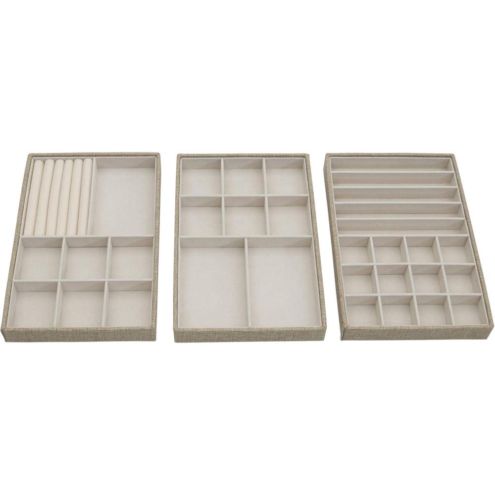 image:imageHousehold Essentials Stackable Jewelry Trays 3 Varieties Space for Necklaces Rings and Earrings Blended Canvas with Felt Interior Perfect for Drawers and Closet Shelves LatteLatte