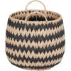 Household Essentials Set of 2 Round Woven Wicker Storage Baskets with Handles | Black and Brown Stich Pattern