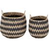 Household Essentials Set of 2 Round Woven Wicker Storage Baskets with Handles | Black and Brown Stich Pattern
