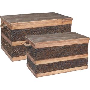 Household Essentials Decorative Trunk, Embossed Metal, Small, Chinese Fir Wood, Darkened Interior, Rope Handles, Flat and Fully Opening Lid, Handmade, Walnut and Almond Stain(Rustic Traditional)