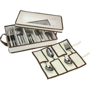 Household Essentials Flatware Storage Chest with Separate Serving Utensil Pouch | Natural Canvas with Brown Trim(Natural)