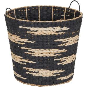 Household Essentials Large Round Woven Wicker Storage Basket with Handles | Black and Brown Geometic Design