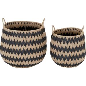 Household Essentials Set of 2 Round Woven Wicker Storage Baskets with Handles | Black and Brown Stich Pattern
