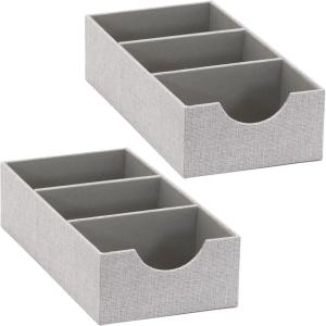 Household Essentials 3-Compartment Drawer Organizers, Pack of 2, Sturdy Chipboard Base with Soft and Stylish Polyester Linen Covering, Graphite(Silver)