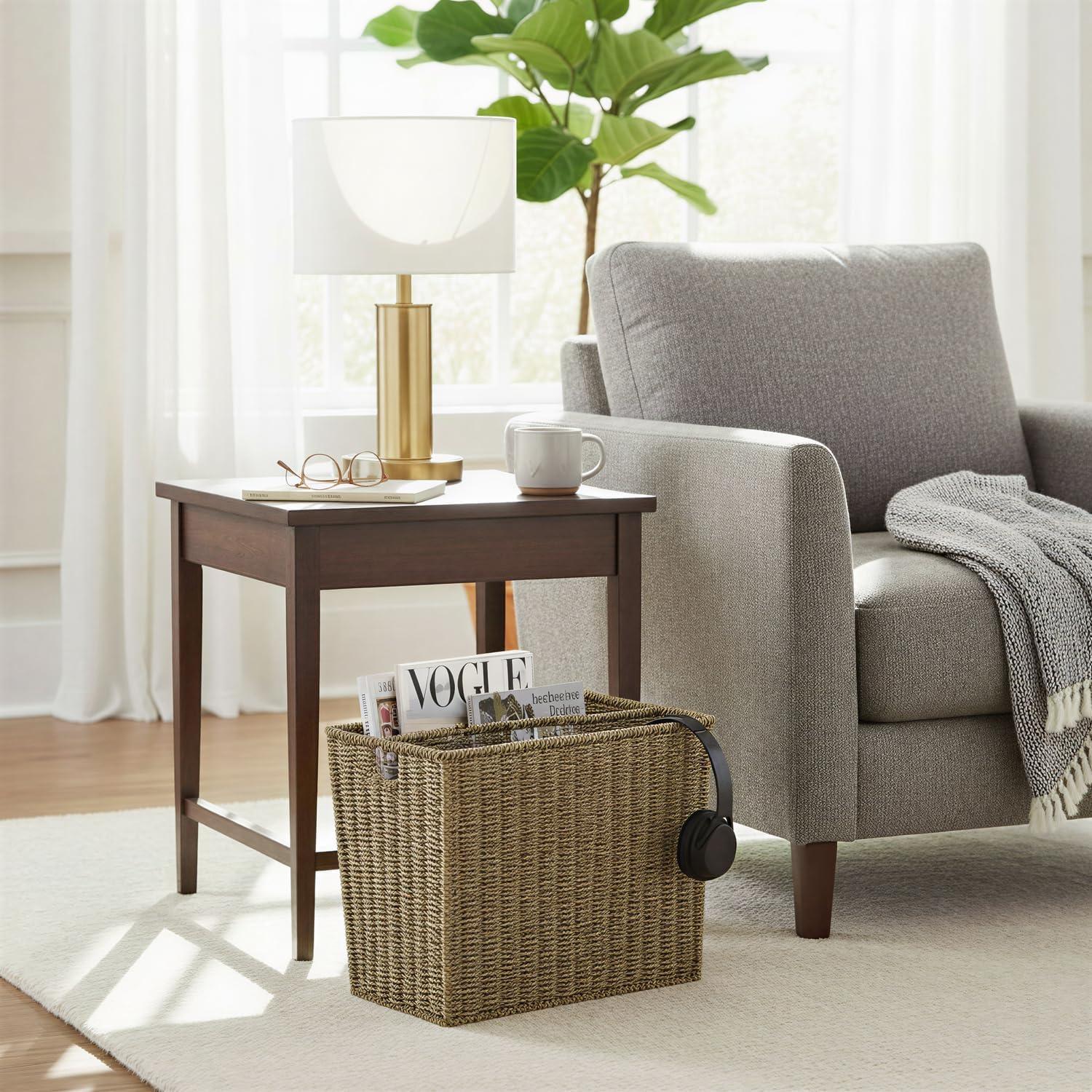 image:imageHousehold Essentials Wicker Magazine Rack Handwoven Seagrass Strong Metal Wire Frame BuiltIn Handle and Divider Lightweight Contemporary Great for Puzzle Books Mail and More NaturalSeagrass