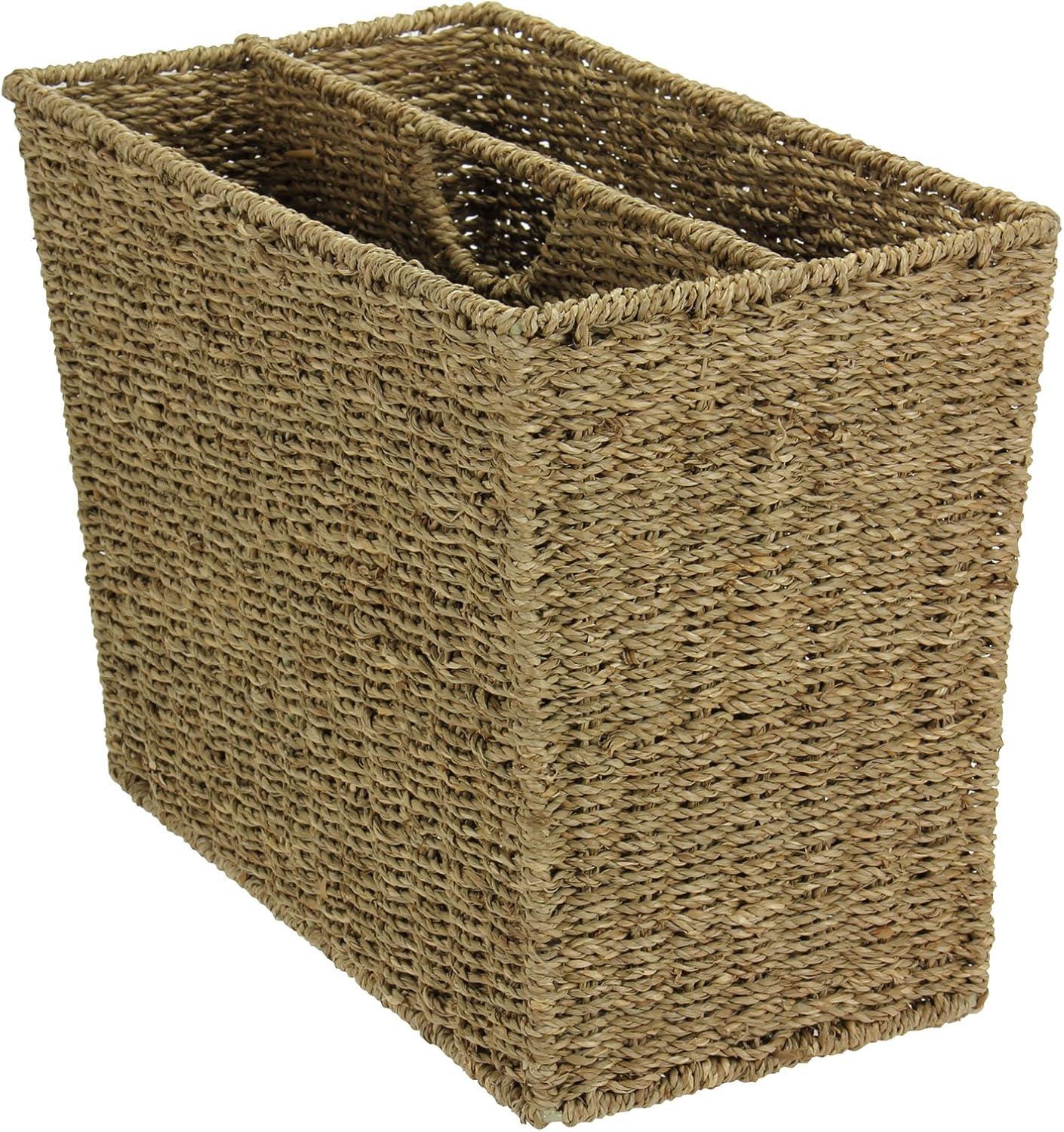 image:imageHousehold Essentials Wicker Magazine Rack Handwoven Seagrass Strong Metal Wire Frame BuiltIn Handle and Divider Lightweight Contemporary Great for Puzzle Books Mail and More NaturalSeagrass