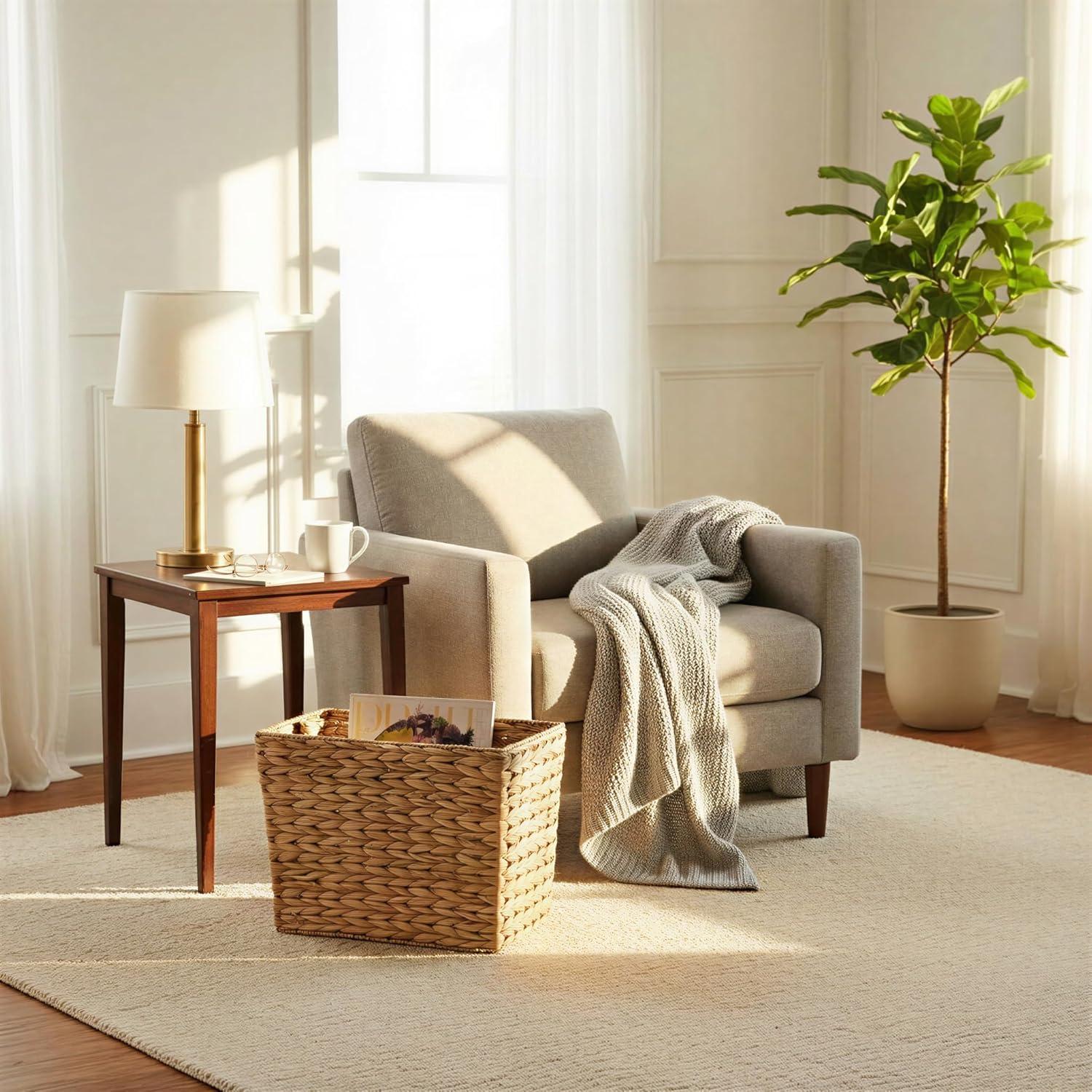 image:imageHousehold Essentials Wicker Magazine Rack Handwoven Seagrass Strong Metal Wire Frame BuiltIn Handle and Divider Lightweight Contemporary Great for Puzzle Books Mail and More NaturalHyacinth