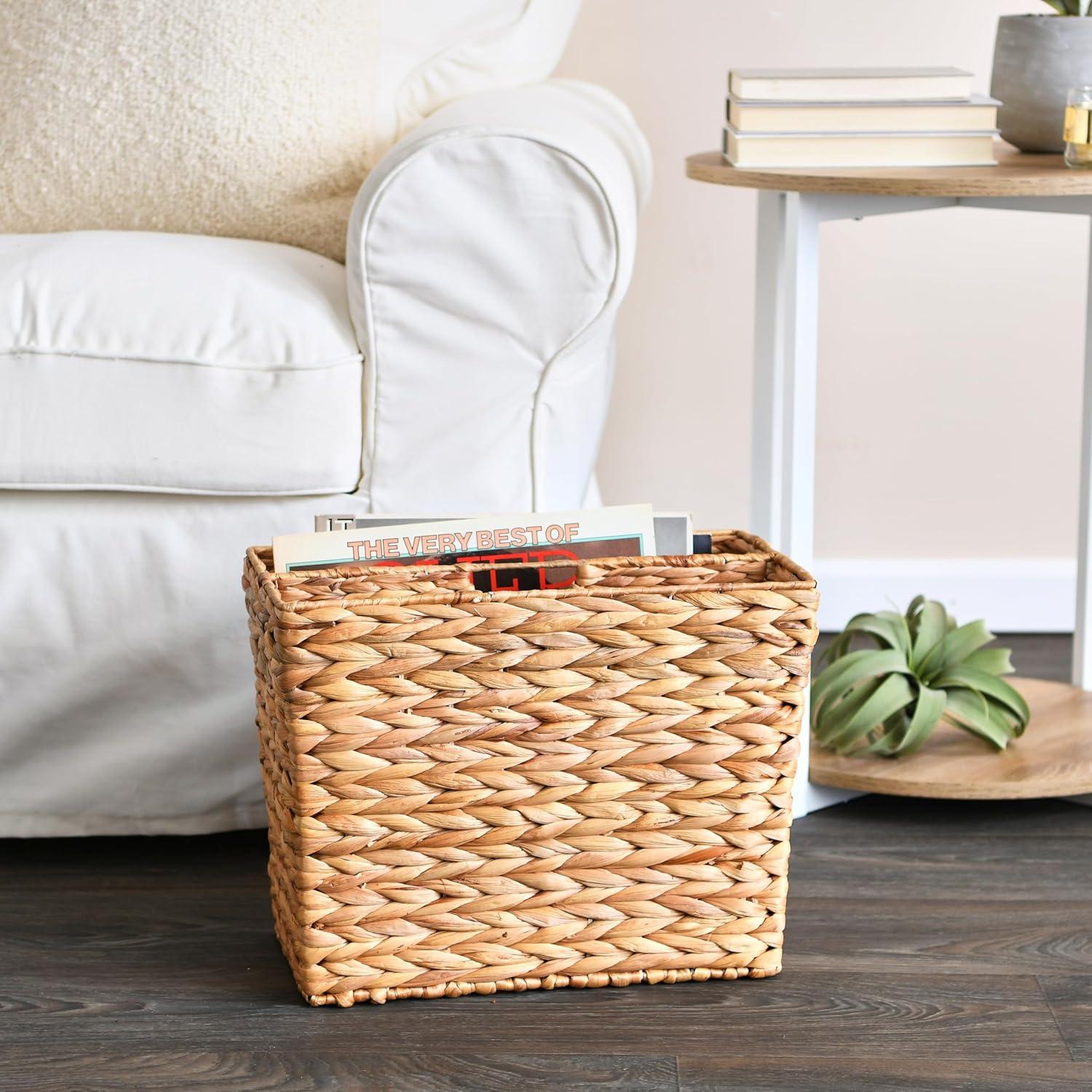 image:imageHousehold Essentials Wicker Magazine Rack Handwoven Seagrass Strong Metal Wire Frame BuiltIn Handle and Divider Lightweight Contemporary Great for Puzzle Books Mail and More NaturalHyacinth