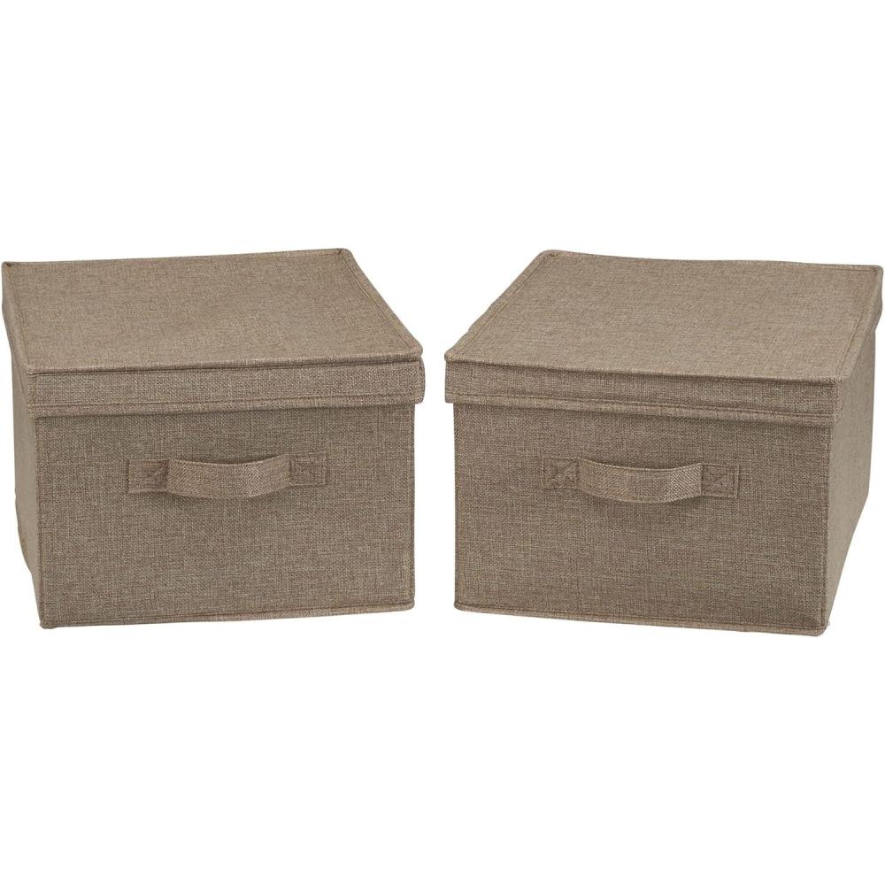 image:imageHousehold Essentials Large Fabric Storage Bins 2 Pack Soft Poly Linen with Sturdy Sides Attached Handle and Fully Removable Lid BrownLatte