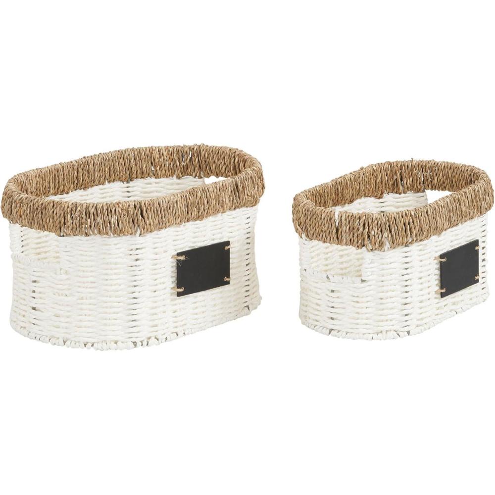 image:imageHousehold Essentials Natural Rim Oval Set Paper Rope and Seagrass 2 Piece Small Wicker Basket WhiteWhite