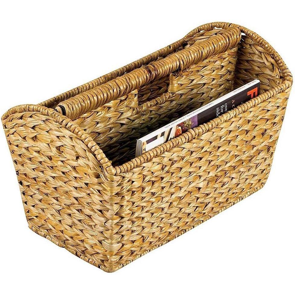 image:imageHousehold Essentials Wicker Magazine Rack Handwoven Seagrass Strong Metal Wire Frame BuiltIn Handle and Divider Lightweight Contemporary Great for Puzzle Books Mail and More NaturalHyacinth