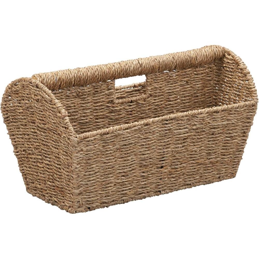 image:imageHousehold Essentials Wicker Magazine Rack Handwoven Seagrass Strong Metal Wire Frame BuiltIn Handle and Divider Lightweight Contemporary Great for Puzzle Books Mail and More NaturalSeagrass