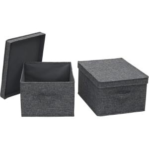 Household Essentials Large Fabric Storage Bins 2 Pack, Soft Poly Linen with Sturdy Sides, Attached Handle and Fully Removable Lid, Brown(Graphite)