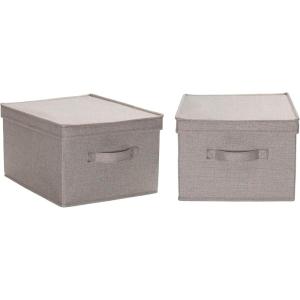 Household Essentials Large Fabric Storage Bins 2 Pack, Soft Poly Linen with Sturdy Sides, Attached Handle and Fully Removable Lid, Brown(Grey)