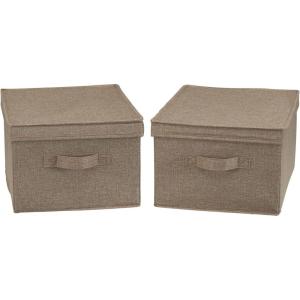 Household Essentials Large Fabric Storage Bins 2 Pack, Soft Poly Linen with Sturdy Sides, Attached Handle and Fully Removable Lid, Brown(Latte)