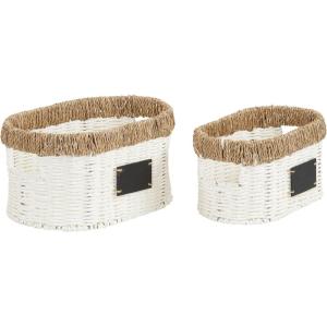 Household Essentials Natural Rim Oval Set Paper Rope and Seagrass (2 Piece) Small Wicker Basket, White(White)