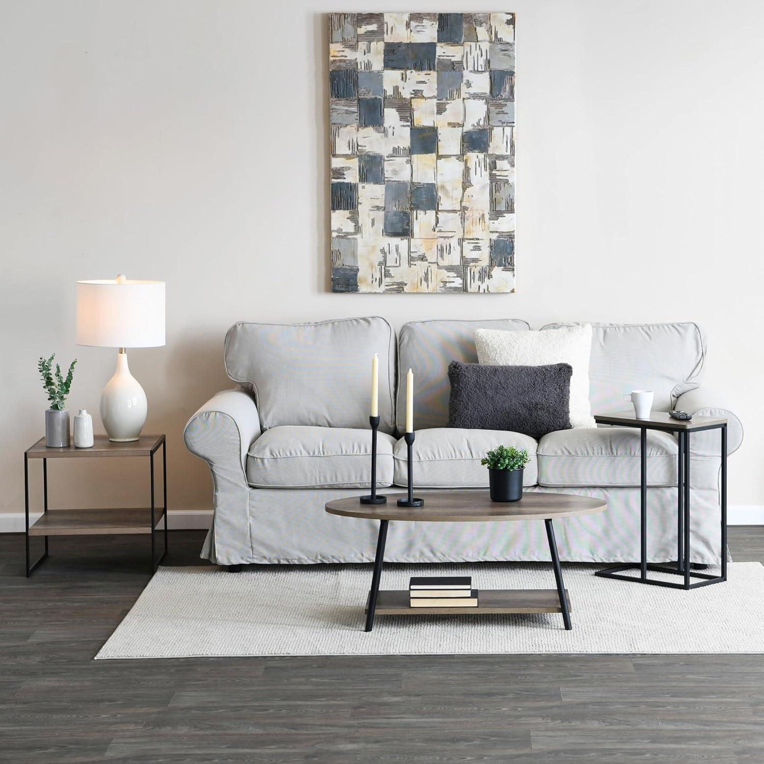 image:imageHousehold Essentials Jamestown Oval Coffee Table with Storage Shelf Mid Century Walnut Wood Grain and Black MetalAshwood
