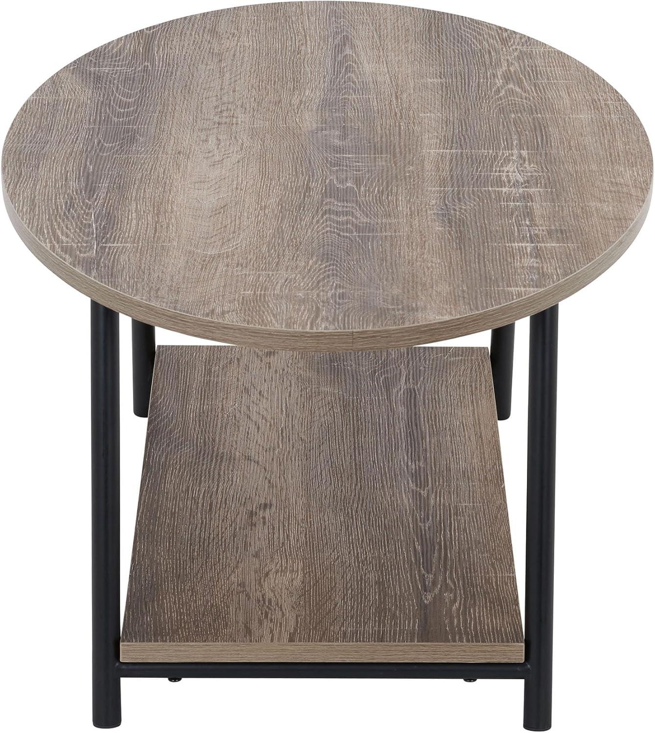 image:imageHousehold Essentials Jamestown Oval Coffee Table with Storage Shelf Mid Century Walnut Wood Grain and Black MetalAshwood