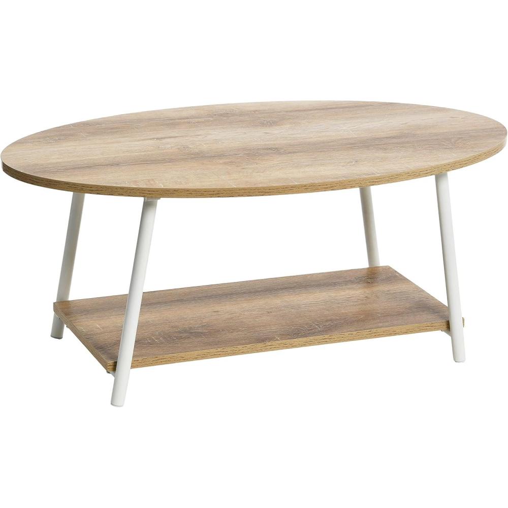 image:imageHousehold Essentials Jamestown Oval Coffee Table with Storage Shelf Mid Century Walnut Wood Grain and Black MetalCoastal Oak