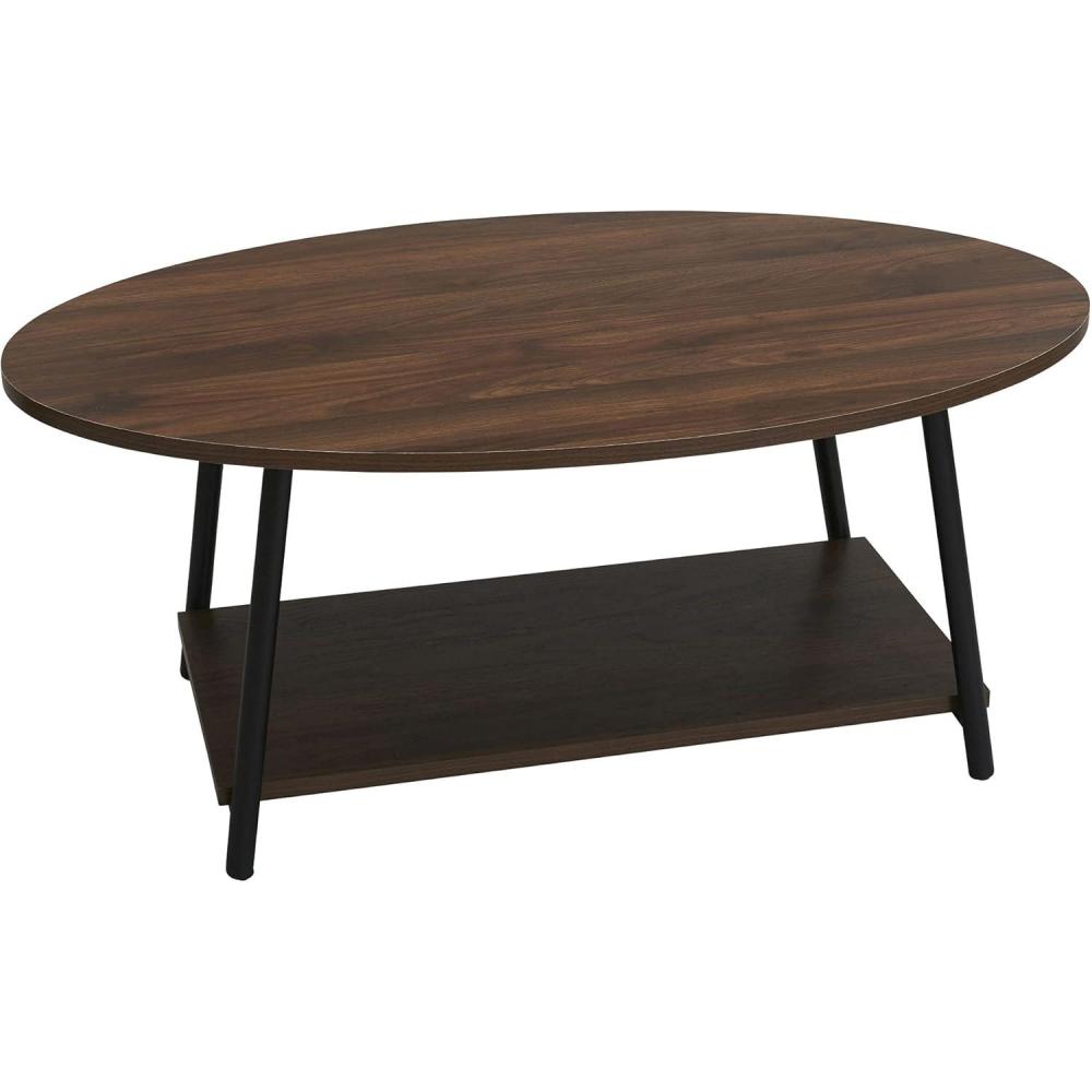 image:imageHousehold Essentials Jamestown Oval Coffee Table with Storage Shelf Mid Century Walnut Wood Grain and Black MetalMid Century Walnut
