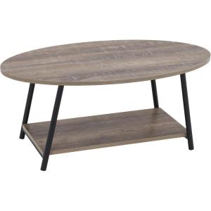 Household Essentials Jamestown Oval Coffee Table with Storage Shelf Mid Century Walnut Wood Grain and Black Metal(Ashwood)