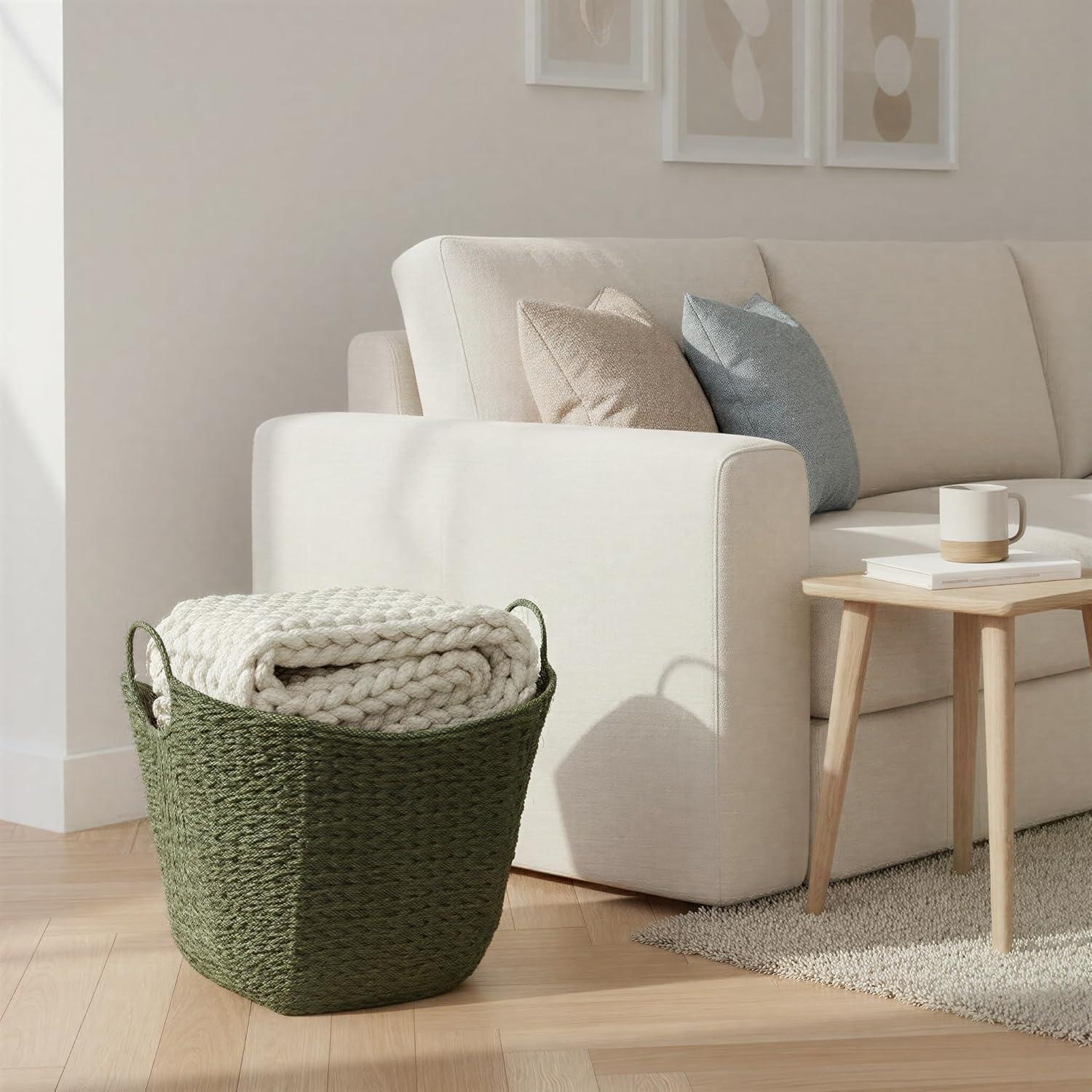 image:imageHousehold Essentials Natural Paper Rope Basket with Handles Natural Woven Woven Storage Basket Great for Decoration or OrganizationGreen Paper Rope