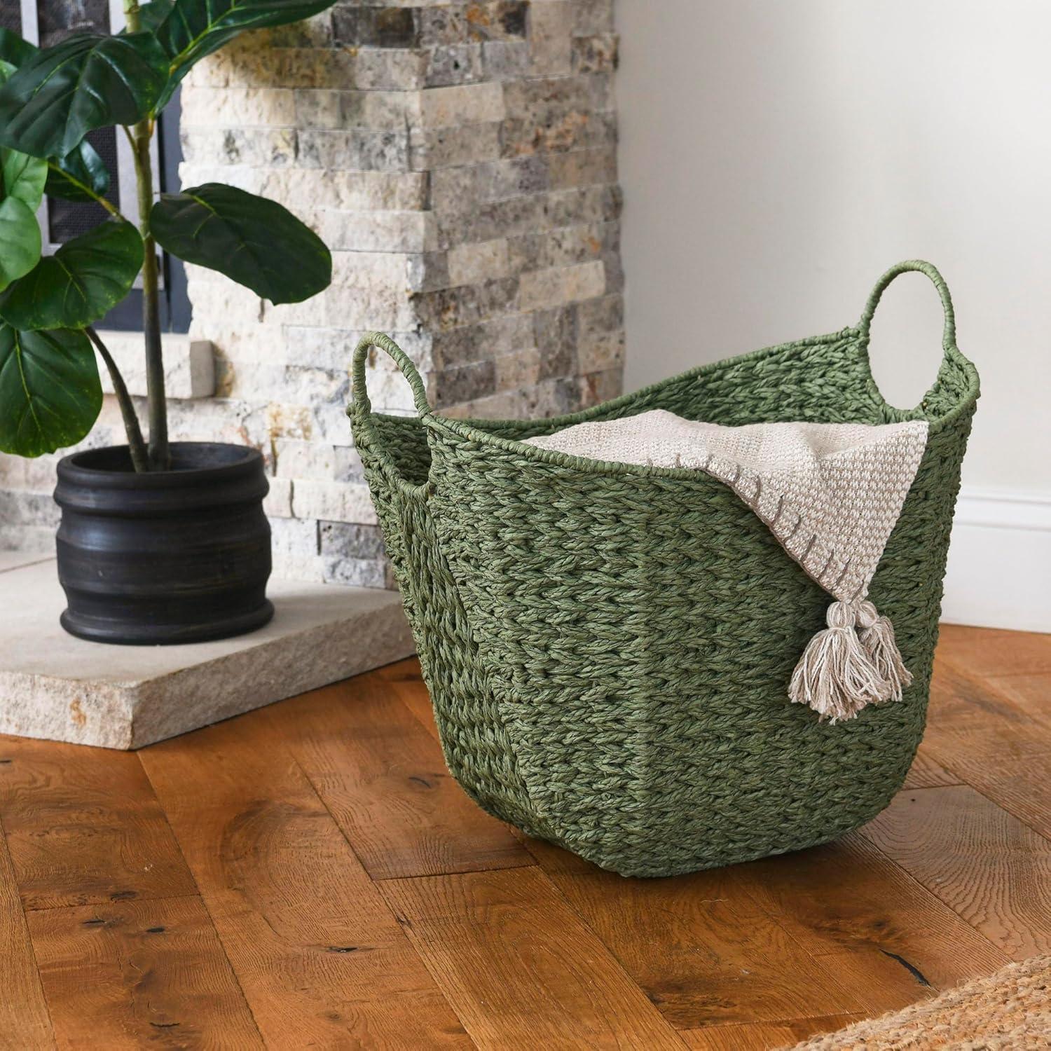 image:imageHousehold Essentials Natural Paper Rope Basket with Handles Natural Woven Woven Storage Basket Great for Decoration or OrganizationGreen Paper Rope